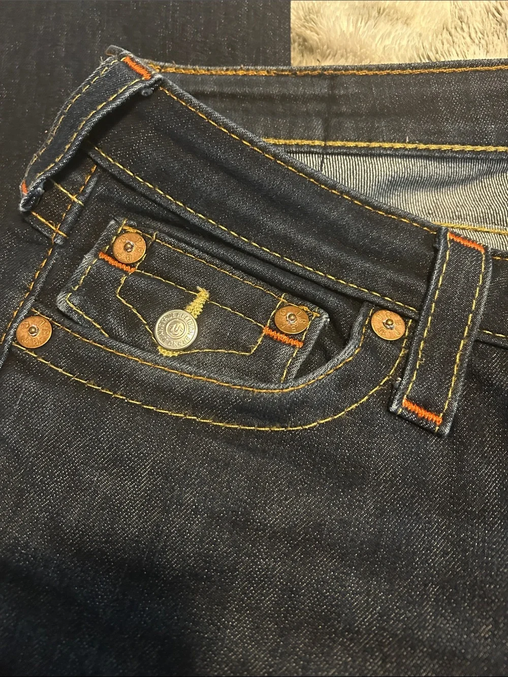 Vintage True Religion Dark Indigo Denim Jeans Contrast Stitching Button Pockets - Picture 8 of 14